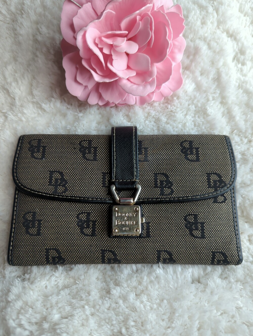 Dooney & Bourke Signature DB Monogram Wallet in Gray Tan /Black Button Clasp